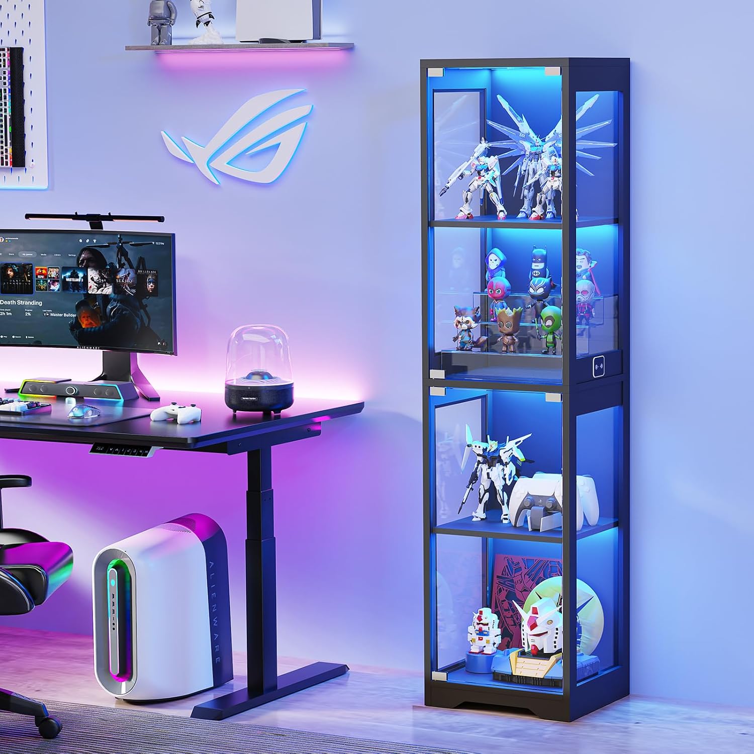 BROTTAR Glass Display Cabinet, 4-Tier Curio Cabinets with 3 Color Lights for Collectibles, Storage Cabinet with Door, Glass Display Case & Bookcase with Human Body Sensor, Black