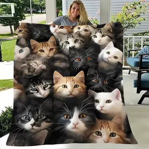 1 x Super Soft Flannel Blanket with Cute Cartoon Cat Print - Four Seasons Comfort Blanket for Home, Camping, Machine Washable