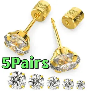 5Pairs Cubic Zirconia 2-8mm Push-in Flat Back Stud Earrings Set for Women Men - Hypoallergenic Surgical Stainless Steel Jewellery