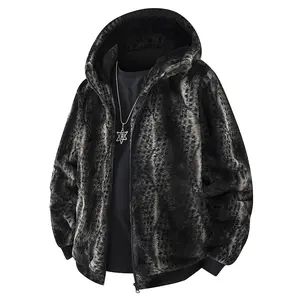 Men's Winter Fashion Sherpa Jacket, Trendy Leopard Print Reversible Warm Coat with Hood, Stylish Fall/Winter Outerwear, Men's Plush Hooded Jacket, Zip-Up Windproof Soft Comfortable for Outdoor Use, Regular Fit