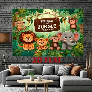 A 2D Flat Photography Backdrop Featuring Vibrant African Savanna Animals with The Phrase 'Welcome to The Jungle', Designed for Use in Photography Studios, Birthday Parties, Outdoor Celebrations, We