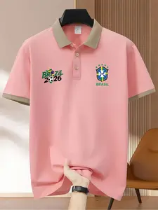 Brazil Flag Polo Shirt, Graphic Print Short Sleeve Top, Slim Fit Business Casual Wear, Ideal for Soccer Fans & Daily Commute