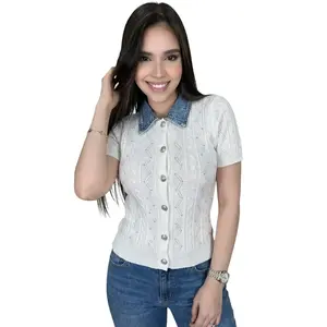 ELEGANCE DENIM KNIT TOP - WHITE