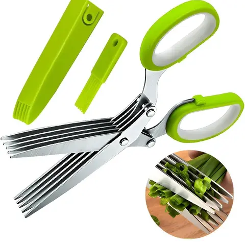 Herb Scissors, Multipurpose Sharp Kitchen Herb Cutter Shears with 5 Stainless Steel Blades, Safety Cover, Cleaning Comb, Cool Kitchen Gadgets for Cutting Fresh Garden Herbs, Dishwasher Safe