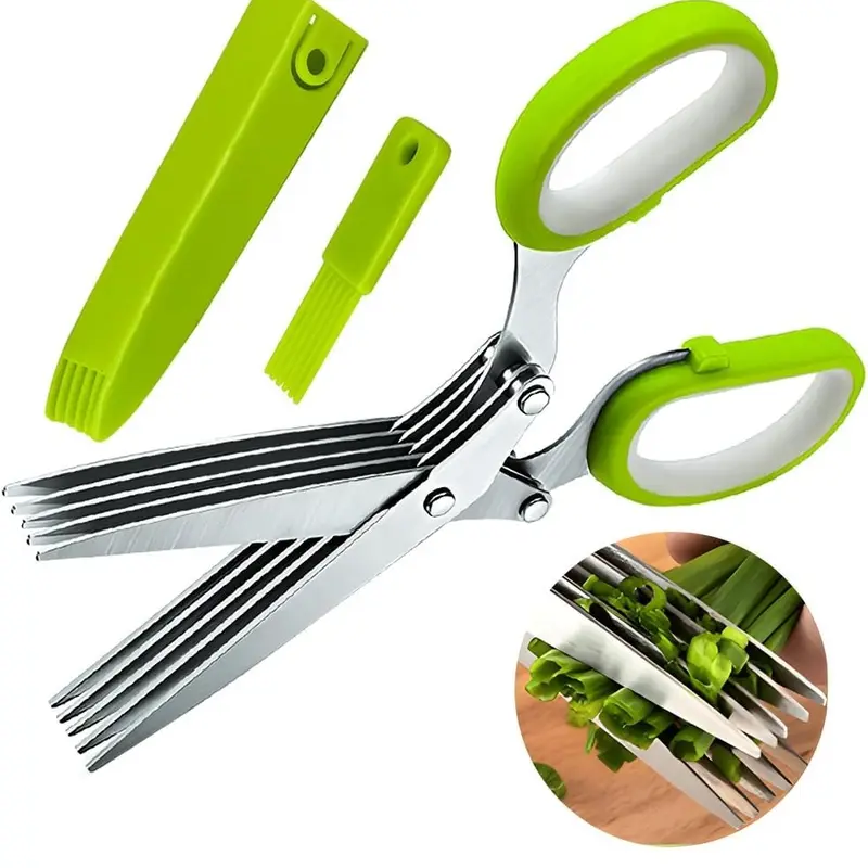 Herb Scissors, Multipurpose Sharp Kitchen Herb Cutter Shears with 5 Stainless Steel Blades, Safety Cover, Cleaning Comb, Cool Kitchen Gadgets for Cutting Fresh Garden Herbs, Dishwasher Safe