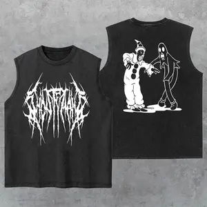 Ghostemane Washed Tank Top, Gym Essential, Vintage Casual Crewneck Short Sleeves Menswear T-shirt Classic Cotton Fabric Streetwear