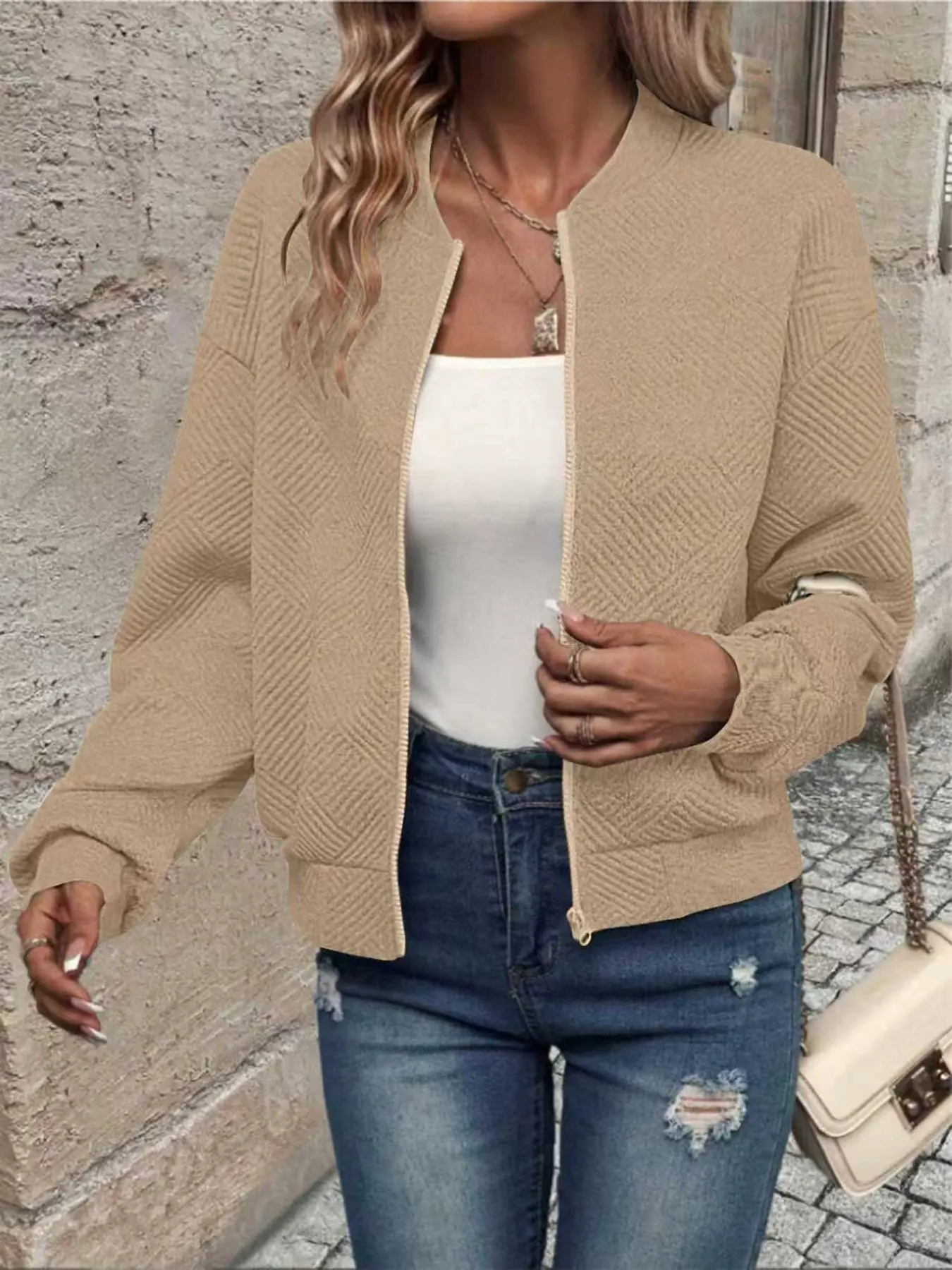 Women's Lightweight Solid Color Zip-Up Jacket, Casual Long-Sleeve H-Type Outerwear for Spring & Fall