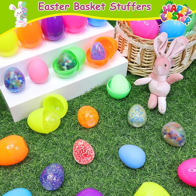 12 Pack Prefilled Easter Eggs with Toys & Stress Relief Fidget Balls Easter Basket Stuffers Squishy Sensory Toys Easter Egg Fillers for Kids Classroom Party Favors Gifts