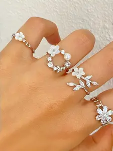 Elegant Rhinestone Flower Ring Set, European Style Alloy Jewelry, Bridal Engagement Jewelry, Unique High-End Accessory for Women, Fresh Design, Stackable Rings