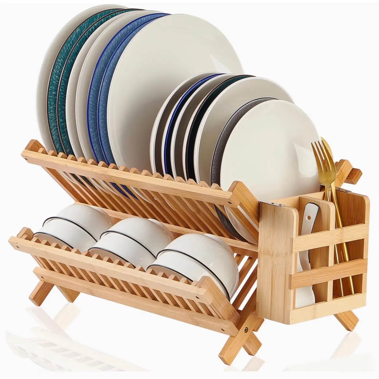 Bamboo Dish Drying Rack, Collapsible Small Dish Rack with Utensil Holder, Wooden Drying Rack for Kitchen Counter, Apartment Essentials Kitchen Plate Holder, Kitchen Organization Organiser