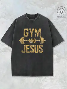 Vintage Gym And Jesus Dumbbell Christian Workout T-Shirt, Washed Black Cotton Oversized Short Sleeve Fitness Faith Crewneck Tee