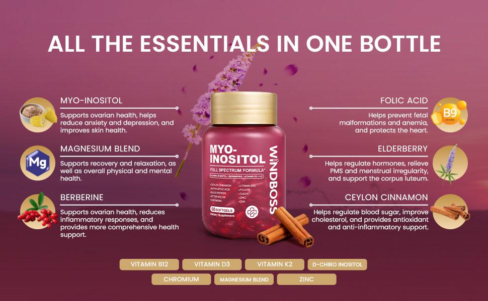 WindBoss Cortisol Support + Myo-Inositol with Vitamins D3 & K2, Magnesium, KSM-66 Ashwagandha and L-Theanine, for Hormonal Balance and Healthy Metabolism, 2-Bottle Set