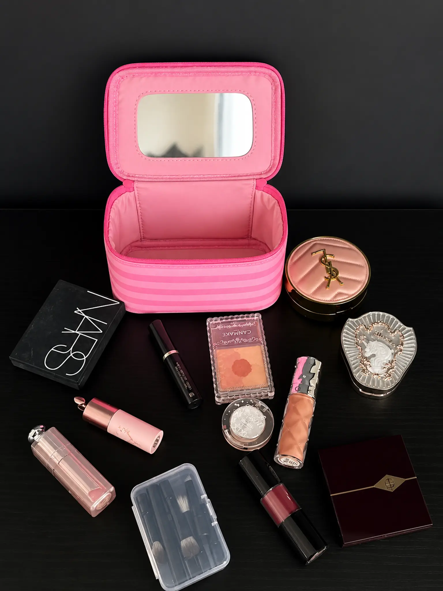 Women's Striped Large-Capacity Portable Makeup Bag with Mirror - Handheld Cosmetics Organizer Pouch for Daily Use