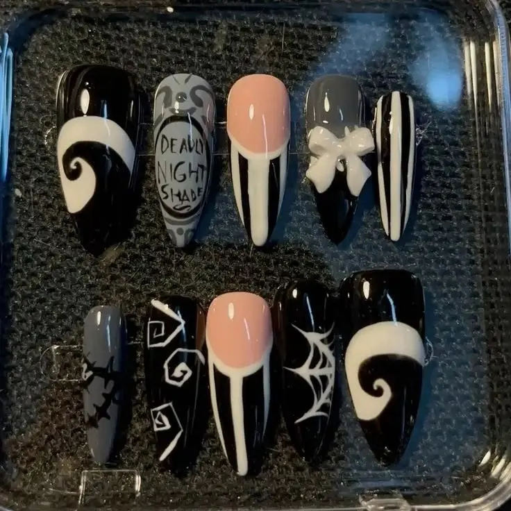 Nightmare Before Christmas Press On Nails, Jack Skellington Gothic Nails, Deadly Night Shade 3D Halloween Fake Nails | Gift Set (Adhesive Tabs, Nail File, Cuticle Stick)