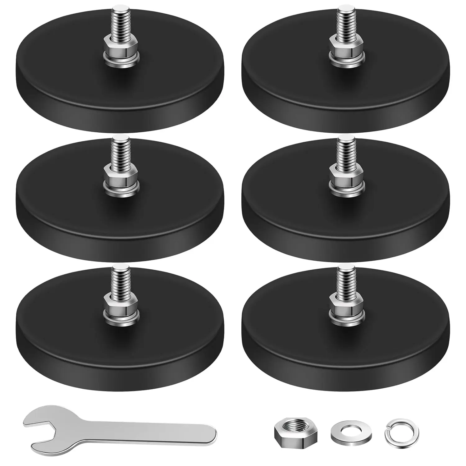 6-Piece Rubber-Coated Waterproof Neodymium Magnets, 1/4-in Threaded Studs & Nuts Base, 30lb Pull Force, Anti-Scratch Magnets for Light Bar, Machines (1.69-in Size)