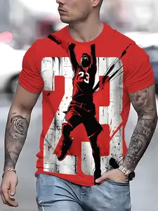 3D Casual Men's Short Sleeve Top, Round Neck, Breathable Fabric, Running Fitness Wear, Comfortable, Retro Style, Basketball Print