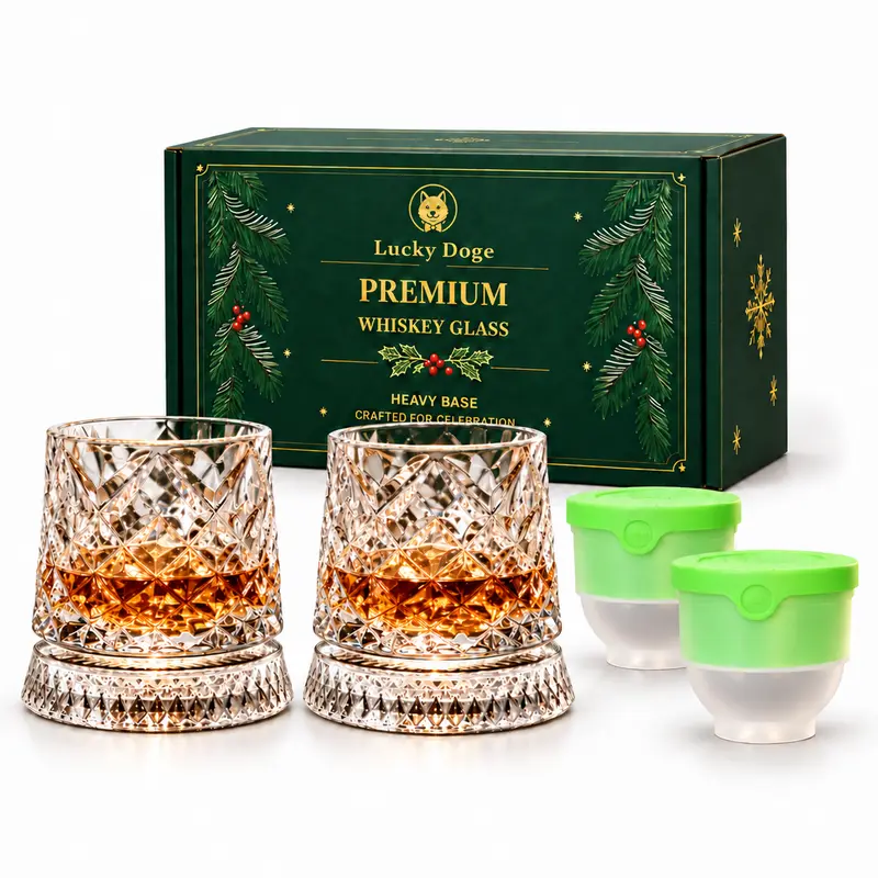 Embossed Round Spinning Crystal Glass - 600g Heavy-Duty, 260mL Large-Capacity, Heavy Base Kitchen Drinkware for Home & Party, Gift Package Ready Barware Gift for Men, Suitable for Christmas Gifting