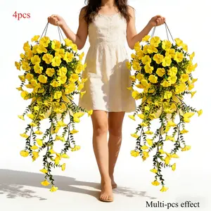4pcs Spring Yellow Trumpet Flower Simulated Morning Glory Decor, Artificial Hanging Plants | Vibrant Flowers and Eucalyptus Leaves for Decoration | No Electricity Required | Maintenance-Free Artificial Flowers | Ideal for Home | Yard | Patio