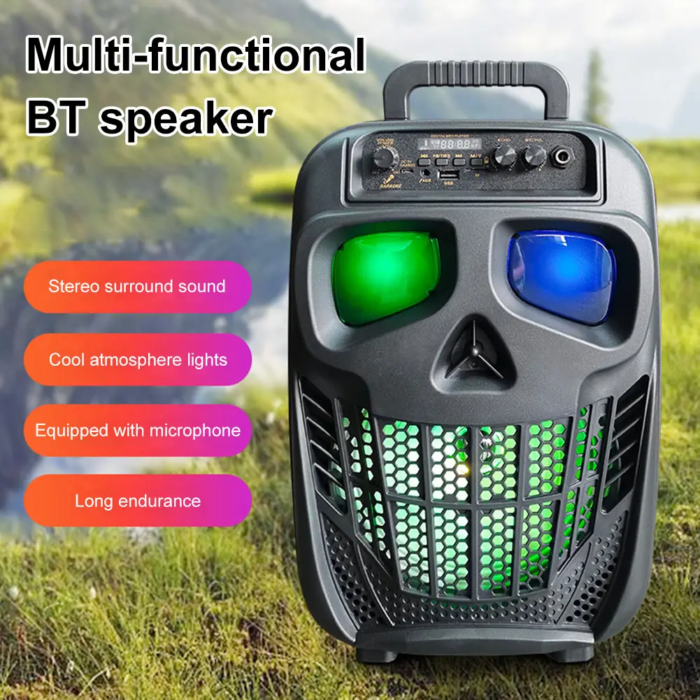 Portable Skull Design Karaoke Speaker - Rechargeable 8-In Stereo Wireless Bluetooth PA System for Coaches, Referees with Rhythmic LED Lights, Wired Mic, 1 x Remote Control, Auxiliary Input, USB, Radio, Audio Cable, Memory Card (Christmas, Birthday Gifts)