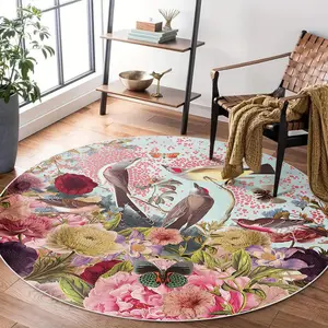 Floral & Bird Pattern Round Floor Mat, 1 Count Non-slip Washable Area Rug, Soft Comfortable Floor Carpet for Home Living Room Bedroom Office Dormitory