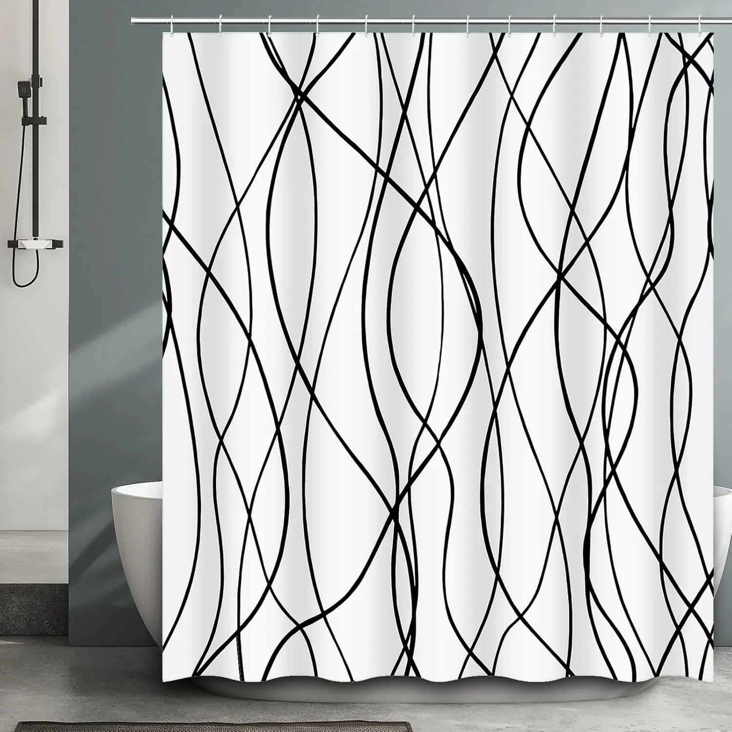 Black Striped Wavy Line Shower Curtain Set - 71"x71" Waterproof Washable Polyester Fabric with Hooks, Modern Minimalist Abstract Bathroom Decor, Housewarming, Anniversary, Halloween, Graduation, Thanksgiving Gift