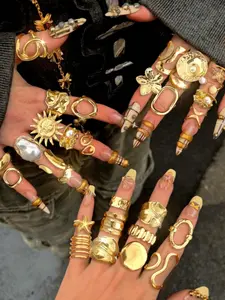 Vintage Coin Ring Set, Stackable Rings, Stacking Rings, Multilayer Design, Floral & Geometric Patterns, Unique Textured Finish, Trendy Accessory for Women, Trendy Jewellery Accessories, Boho Style Rings, Dainty Stacking Rings