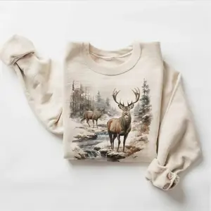 Retro Deer Wilderness Scene Sweatshirt, Vintage Buck And Doe Deer Outfit, Boho Unisex Crewneck Sweatshirt