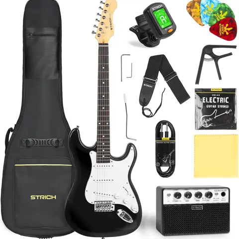 STRICH 39" Solid-Body Electric Guitar Beginner Kit - SSS Pickup, 5W×2 Amplifier, Tuner, Capo, Strap & More Accessories - SST-S10