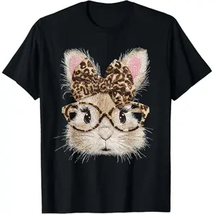 Funny Bunny Face Glasses Bandana Leopard Rabbit Happy Easter T-Shirt