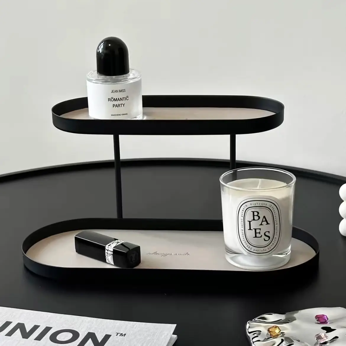 2-Tier Iron & Leather Desktop Organizer, Premium Home Storage Rack for Perfumes, Cosmetics & Entryway Aromatherapy Candle Tray