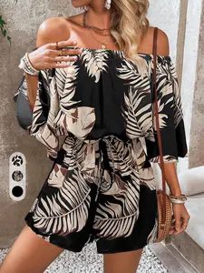 Women's Off-the-Shoulder Tropical Leaf Print Romper, Flutter-Sleeve Short Jumpsuit with Adjustable Tie Waist - Chic, Lightweight, Breathable Vibe for Summer Beach Holiday Outfit
