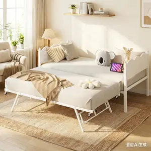 Metal Twin Size Day Bed with Industrial Wood Grain Headboard, Daybed with Trundle,Lockable Casters & Metal Slat Support, Space-Saving Sofa Bed for Guest Room/Living Room, White, No Box Spring Needed