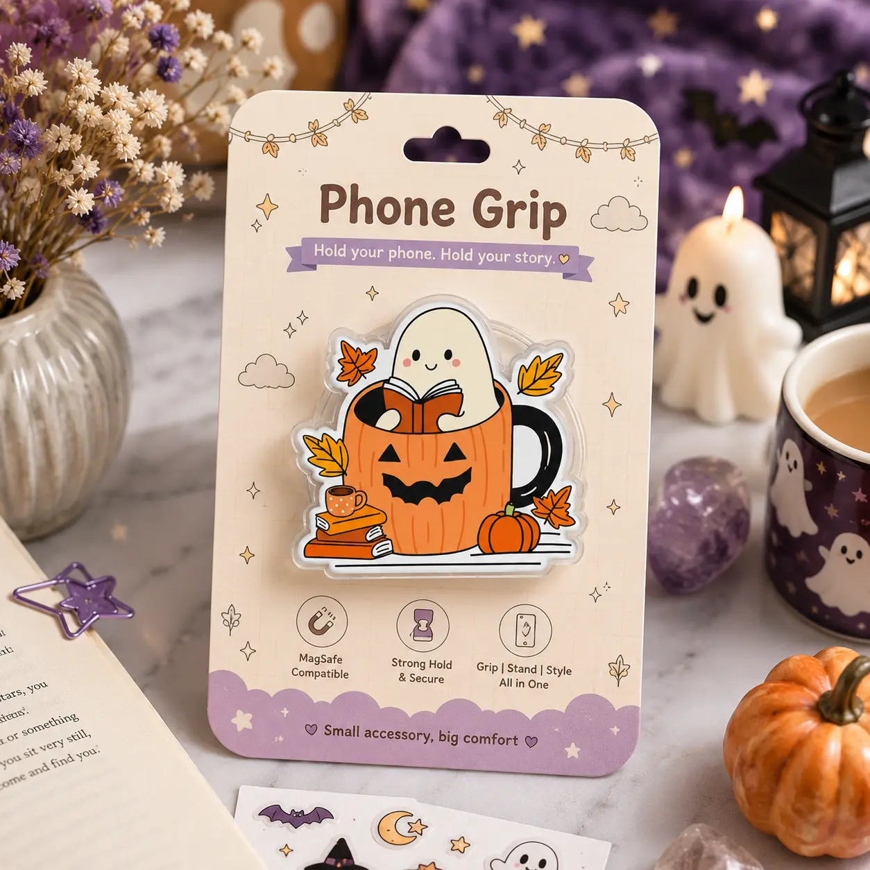Made for Cozy Readers, Ghost Pumpkin Mug Magnetic Phone Grip, Kindle Grip, Fall Book Lover Gift