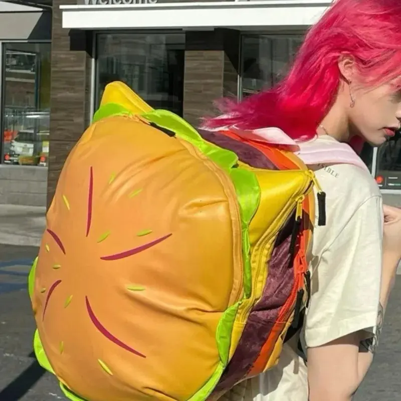 PU Stylish Hamburger Daypack Laptop Storage Zipper Portable Casual Tote Cheeseburger Backpack for Unisex Travel Outdoor Vacation