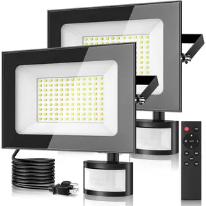 2 Pack 100w Led Motion Sensor Flood Light - 10000lm 6500k Daylight Whie Ultra Thin  Lights Outdoor with Remote Control and Plug IP65  Floodlight for Work Garage House Porch