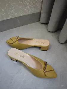 Women's Pointed Toe Geometric Gold Buckle Mules, Square Heel Slip-On Half Slippers, Fashionable Casual Footwear for 2026