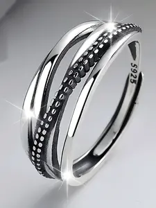 S925 Pure Silver Vintage Multi-Layer Wide Geometric Ring, Hip Hop Punk Style, Simple Versatile Unique Design, Unisex Open Finger Ring, Unique Rings