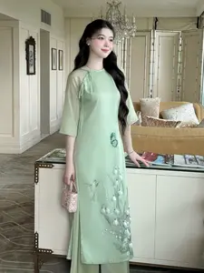 Light Green Ao Dai Dress with Lily Embroidery | Vietnamese Bridesmaid Dress | Pre Made Ao Dai with Pants Silk Traditional