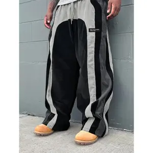 [Retro Colorblock Sweatpants] Casual Retro Colorblock Corduroy Sweatpants - Loose Fit, Straight Leg, Machine Washable, Polyester Blend Womenswear Bottom Trouser Fabrics