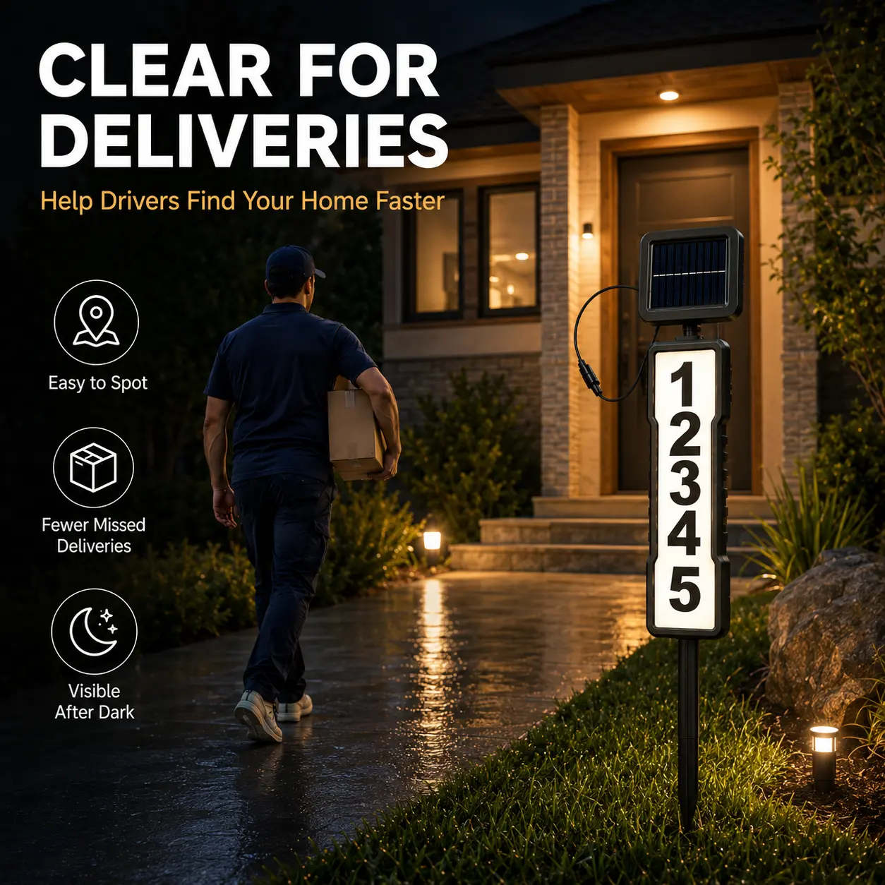 Solar House Number Sign, Outdoor LED Address Plaque with Dual-Color Lighting & Automatic Sensor, IP54 Water-Resistant, Ground Stake or Wall Mount, for Yard, Driveway & Front Door