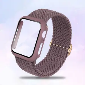 2-In-1 Braided Elastic Strap for Apple Watch Bands & Cases, Compatible with 40mm-46mm, Nylon Single Loop Band & Protective Case, Smart Watch Strap, Watch Protector
