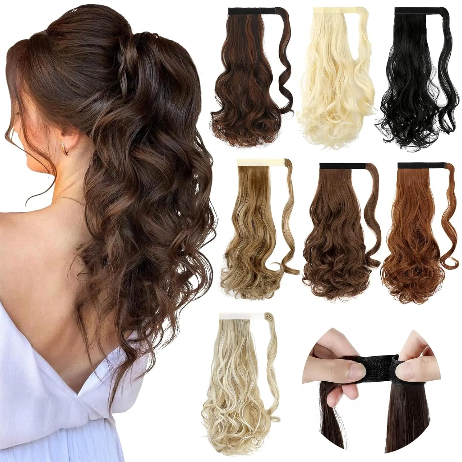 18" Ponytail Extension Curly Wavy Clip in Hairpiece Wrap Around Long Pony Tails Hair Extensions Synthetic for Women Medium Brown