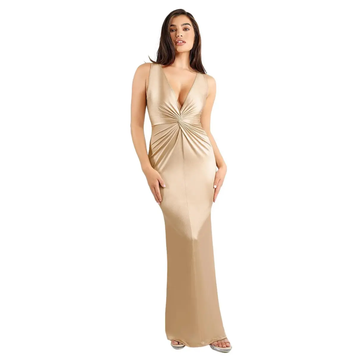 Popilush The Shapewear Dress Deep V-Neck Twisted Shine Maxi Formal Sleeveless Dress with High Elastic Body-Shaping Nylon Fabric Popilush The Shapewear Dress Deep V-Neck Twisted Shine Maxi Formal Sleeveless Dress with High Elastic Body-Shaping Nylon Fabric