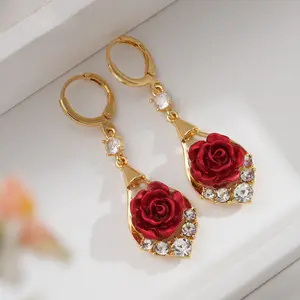 Rose Drop Earrings 14K Gold Plated Sparkling Crystal Tassel Design, Chic Elegant Fashion Jewelry Water Drop Earrings for Women gifts girlfriend 2 part christmas surprise