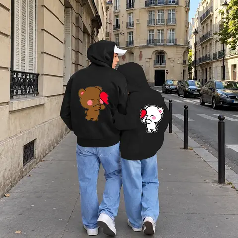 Women's Zip-Up Hoodie with Cartoon Bear Heart Graphic, Casual Long Sleeve Cotton Blend Fabric for Couple's Matching