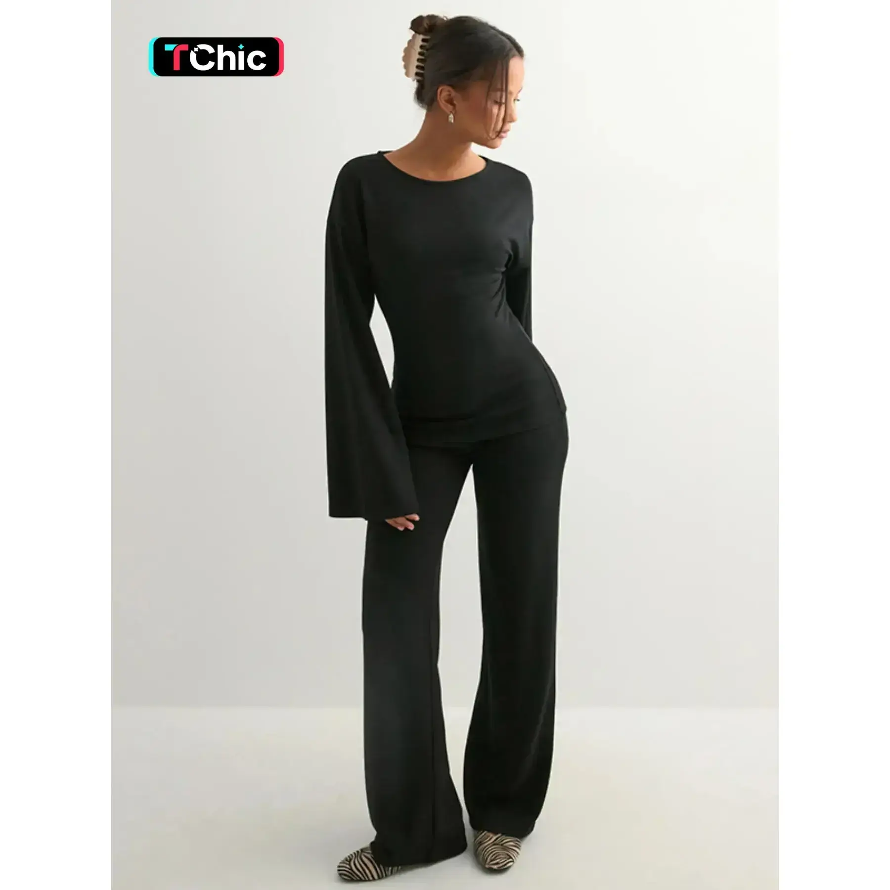 (New) Women's 2-Piece Modest Cover Casual Wear Set - Solid Color Round Neck Flare Longsleeves Top & Straight Leg Pants, Soft Fabric, Comfortable Muslim Spring Autumn Business Sports Outfits Clothes, Sporty Sports Clothing Sets, Matching Activewear Set