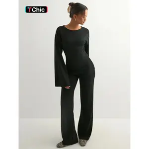 Women's Fashion Solid Color Casual Round Neck Flare Long Sleeve Top & Straight Leg Pants Set, Comfortable Muslim Spring Autumn,Business Casual Outfits