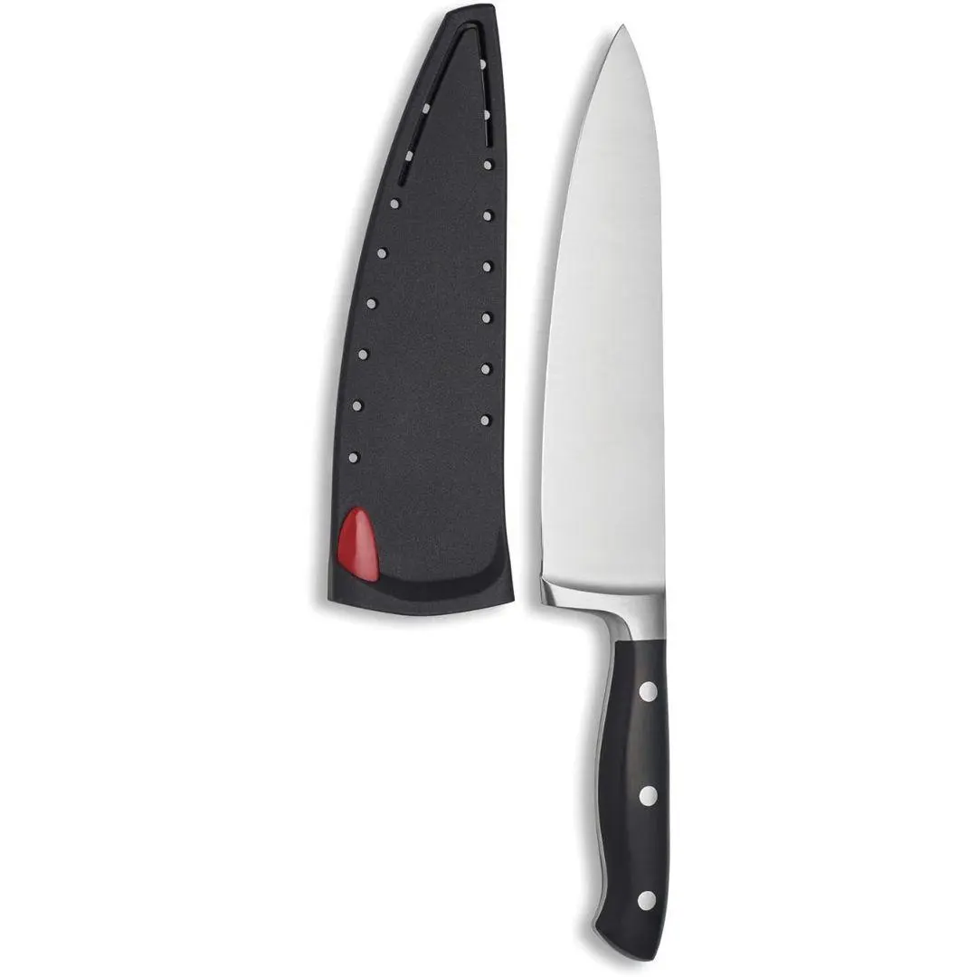 Edgekeeper 8-Inch Forged Triple Riveted Chef Knife with Self-Sharpening Blade Cover, High Carbon-Stainless Steel Kitchen Knife with Ergonomic Handle, Razor-Sharp Knife, Black