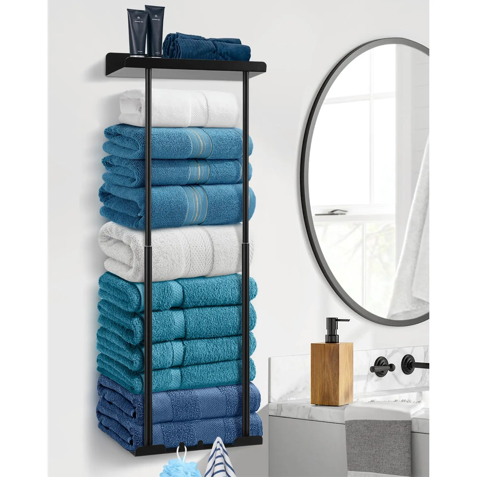 Bathroom Towel Storage Rack Black Modern Towel Holder, Aesthetic Bathroom Decor, Rolled Bath Towel Organizer For Shower Room