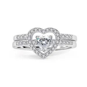 Heart Shaped 2-Piece Stackable Ring Set, D Color VVS1 Clarity Sparkle Solitaire & Interlocking Pavé Band, Versatile Multi-Wear Jewelry Set for Anniversary and Engagement